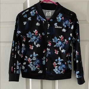 Adidas Girls Black Jacket with Blue and Pink Floral Design